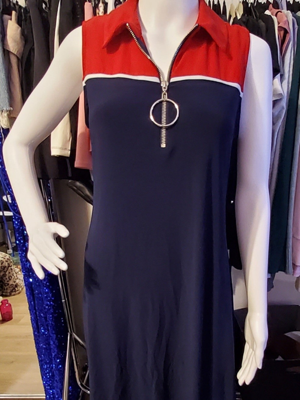 MSK Red and Navy Sleeveless Zip-Front Windbreaker Dress
